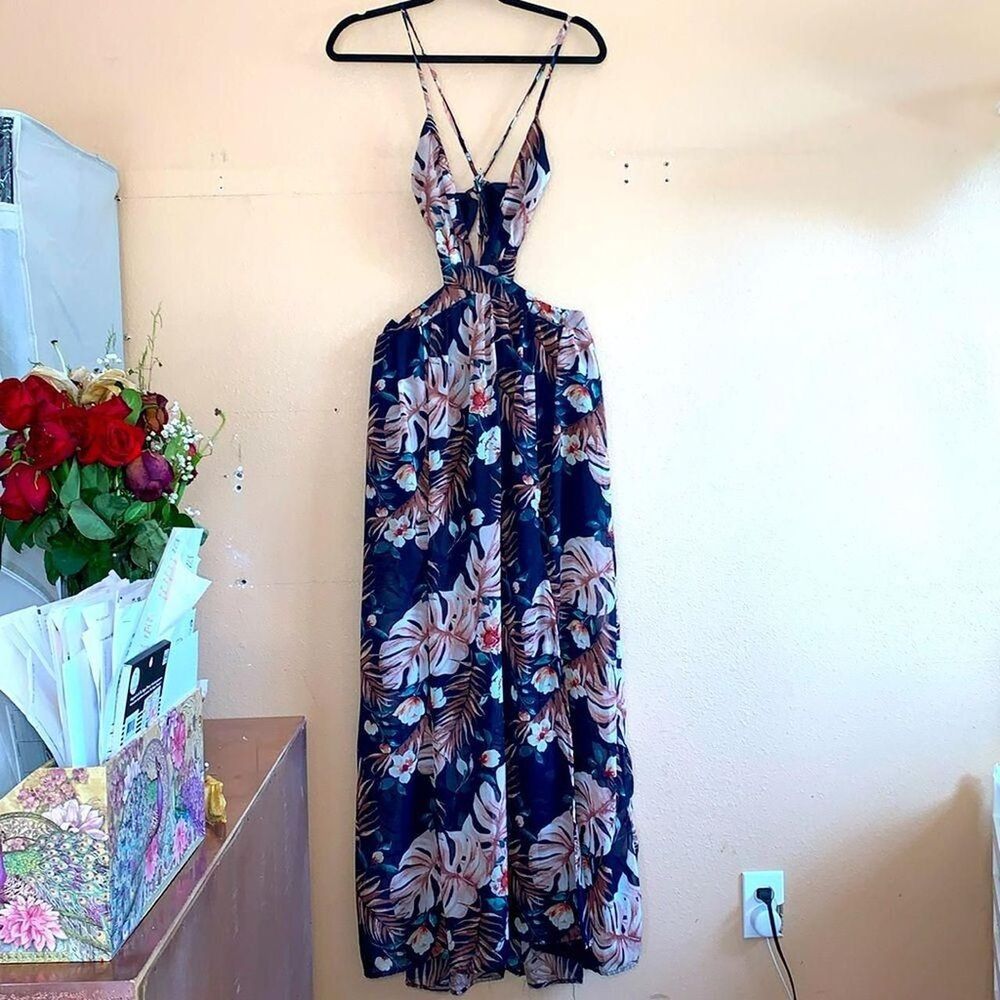 Blue Tropical Floral Halter Maxi Dress Women's Medium Open Back Boho